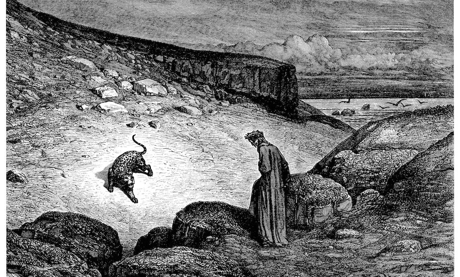 painting of Dante facing a panther in a bleak valley